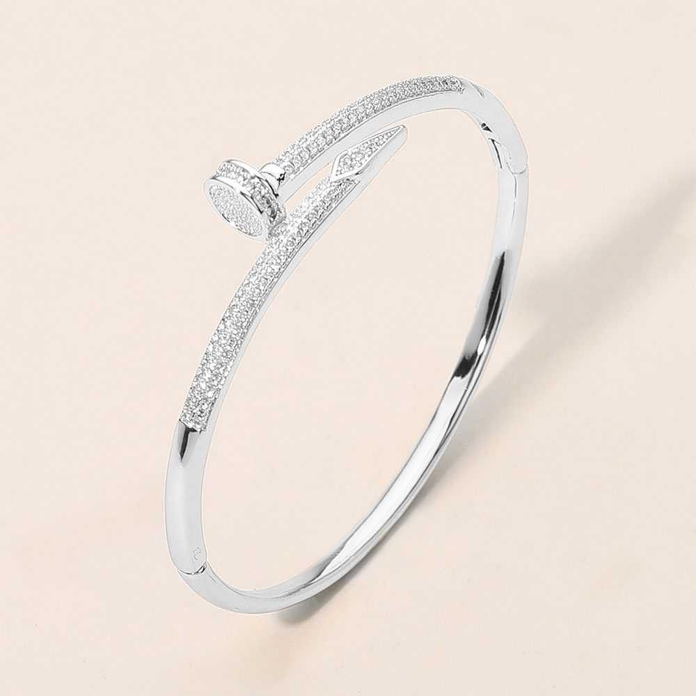 Silver CZ Rhinestone Crystal Nail Head Shaped Cuff Bracelet Bangle Statement